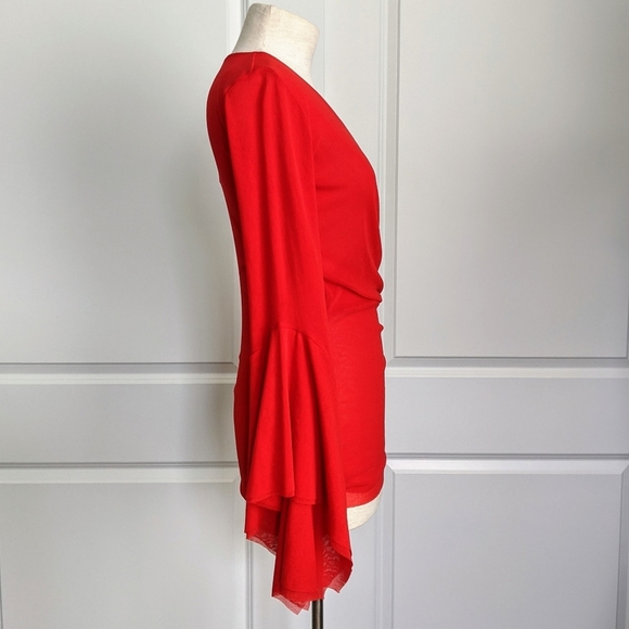 FUZZI Wrap Front V-Neckline Fine Mesh Knit Long Butterfly Bell Sleeves Red L NWT - Picture 6 of 16